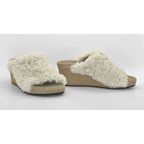 C0 Auth PAPILLIO BY BIRKENSTOCK Namica Teddy Shearling Wool Wedge Sandals Sz 38 - Picture 1 of 6